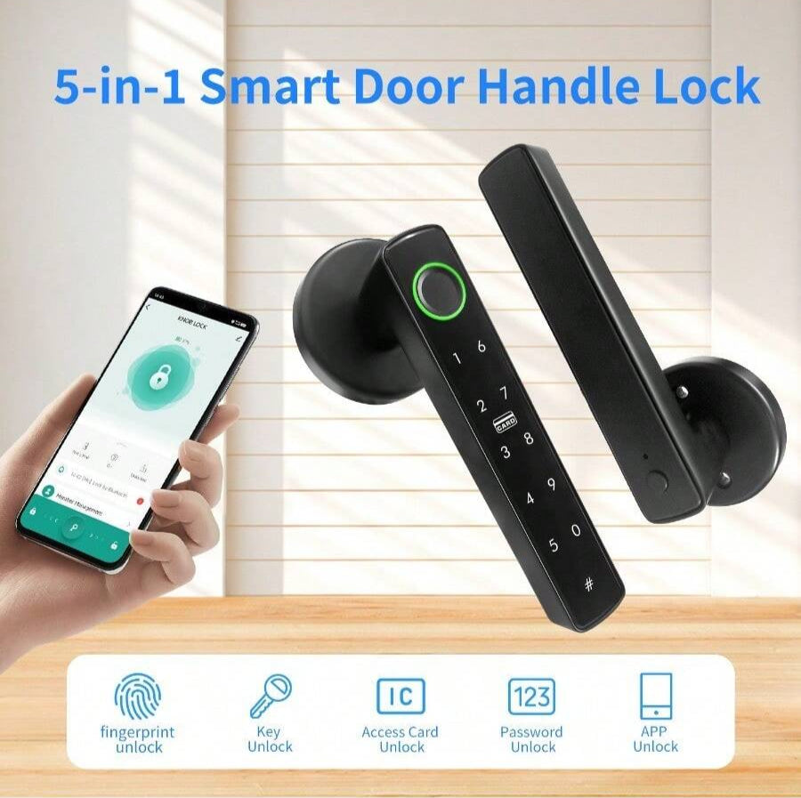 Tuya Fingerprint Door Knob, 5-In-1 Smart Door Knob, Fingerprint Door Lock for Bedroom, Office, Hotel, Closet, Pantry, Finger Print Door Knob, Keypad Door Knob, 2 IC Card and 2 Keys, Smart Life